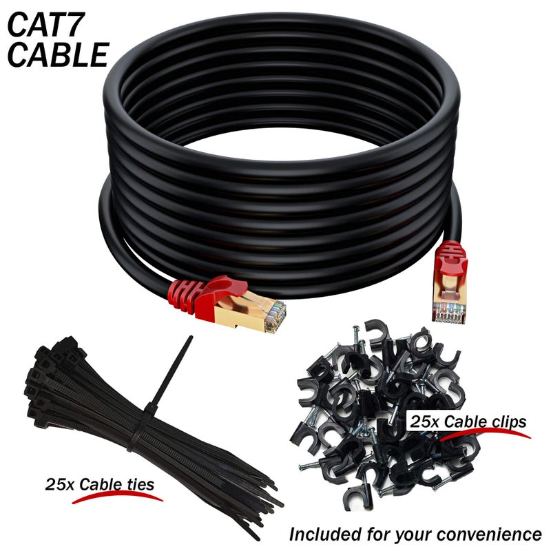 MutecPower 32.5 ft / 10m CAT 7 Outdoor Waterproof Direct Burial RJ45 Ethernet Network Cable - SFTP - 600 Mhz - Black with Cable Ties & Clips - Image 2